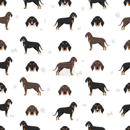 Montenegrin Mountain hound seamless pattern. All coat colors set.  All dog breeds characteristics infographic. Vector illustration