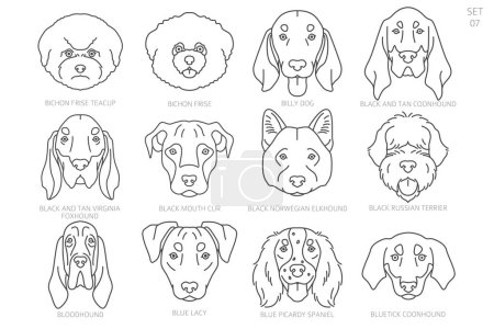 Dog head Silhouettes in alphabet order. All dog breeds. Simple line vector design. Vector illustration