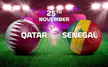 Téléchargez les photos : 3d rendant le football avec des drapeaux de la nation sur un terrain de football - match Qatar contre l'Équateur - en image libre de droit