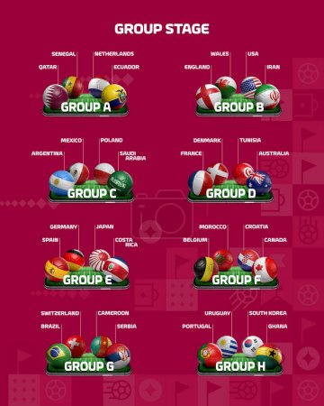 Téléchargez les photos : Qatar 2022 Table d'étape de groupe avec rendu 3D d'illustrations de ballon de football, avec dessin du drapeau national - en image libre de droit
