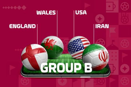 Téléchargez les photos : Qatar 2022 Table d'étape de groupe avec rendu 3D d'illustrations de ballon de football, avec dessin du drapeau national - en image libre de droit