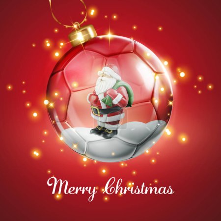 Marry Christmas card with transparent glossy soccer football glass ball and Santa Claus decoration