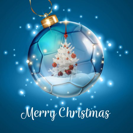 Téléchargez les photos : Carte de Noël Blue Marry avec ballon de football en verre transparent brillant avec arbre de Noël blanc et rouge à l'intérieur - rendu 3d - en image libre de droit