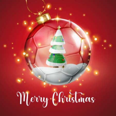Téléchargez les photos : Mariez carte de Noël avec ballon de football transparent brillant en verre de football avec arbre de Noël vert à l'intérieur - rendu 3D - en image libre de droit