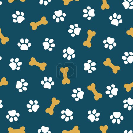Cute seamless pattern with pet paw and bone. Cartoon illustration on blue background. It can be used for wallpapers, wrapping, cards, patterns for clothes and other.