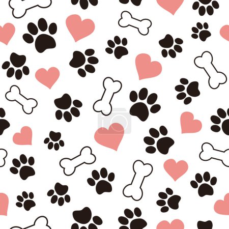 Photo for Cute seamless pattern with pet paw, bone and hearts. Cartoon illustration on white background. It can be used for wallpapers, wrapping, cards, patterns for clothes and other. - Royalty Free Image
