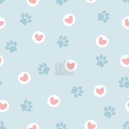 Photo for Pet paw seamless pattern.Cartoon illustration with paw and hearts on blue background. It can be used for wallpapers, wrapping, cards, patterns for clothes and other. - Royalty Free Image