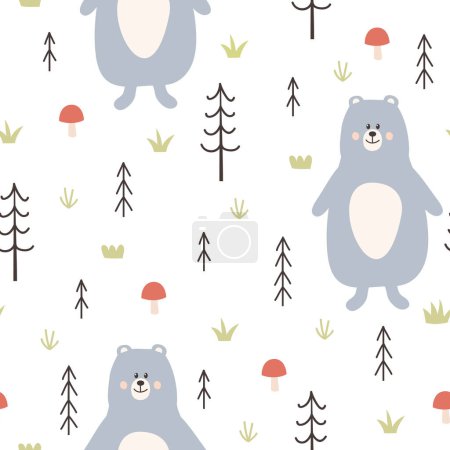 Foto de Lindo patrón de oso sin costura. Textura del bosque con oso, setas y árboles. Ilustración vectorial. Se puede utilizar para fondos de pantalla, envoltura, tarjetas, patrones para la ropa y otros. - Imagen libre de derechos