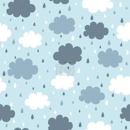 Seamless pattern with clouds and rain drops. Cute background for kids. Vector illustration.