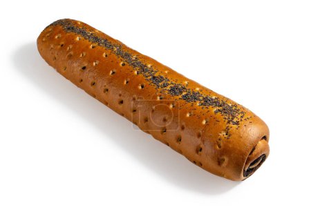 Photo for Dive into the rich taste of a German poppy seed baguette, featuring a crispy crust and a soft, flavorful interior, ideal for breakfast or a snack. Product on white. - Royalty Free Image