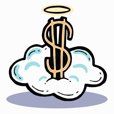 Illustration for This is a golden money symbol with halo resting on a fluffy cloud. Its a vector illustration representing a tithe offering charity donation icon. Gold dollar sign art illustration represents holy money used for good purposes. - Royalty Free Image