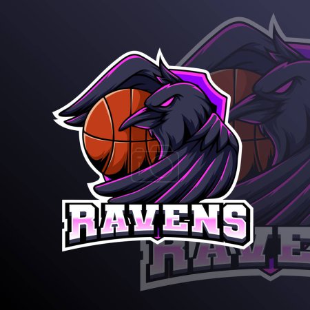 Téléchargez les illustrations : Insigne d'équipe de club de sport de logo animal de basket-ball de corbeaux - en licence libre de droit