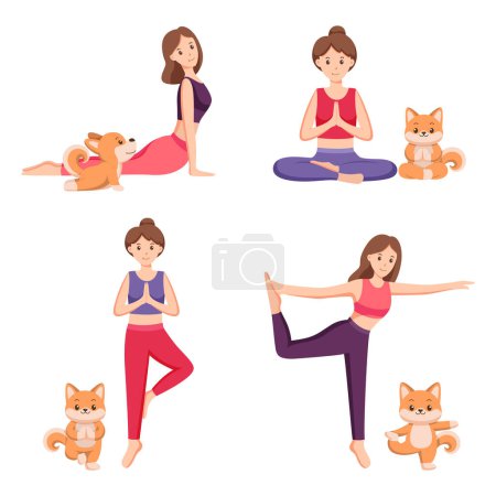 Téléchargez les illustrations : Illustration d'hommes et de femmes faisant des exercices de pose de yoga - en licence libre de droit