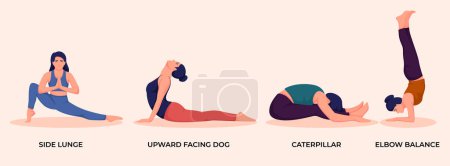 Téléchargez les illustrations : Illustration de femmes heureuses faisant des exercices de pose de yoga - en licence libre de droit