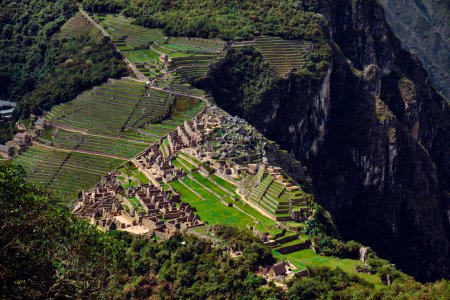 View of Machu Picchu from a height in the Andes. Landscape in Peru.