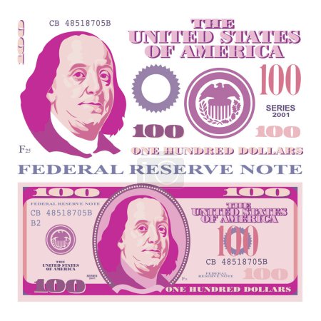 Ilustración de Un conjunto de elementos de diseño vectorial simplificado y partes de billetes de 100 dólares en estilo rosa - Imagen libre de derechos