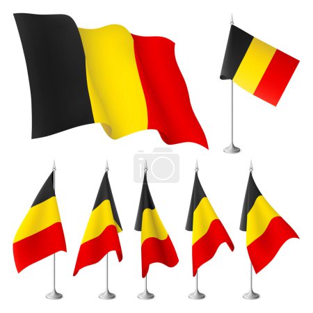 Drapeaux vectoriels de Belgique. Un ensemble de drapeaux avec support métallique, et un drapeau ondulé flottant sur le vent. Créés à l'aide de mailles dégradées, les éléments de design EPS 10 de la collection mondiale