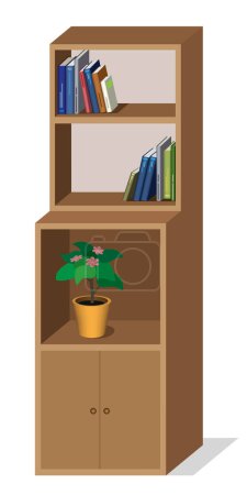 Vector illustration of cupboard with books and flower in the pot