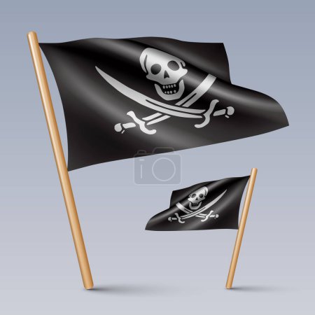 Illustration vectorielle de deux icônes de drapeau de pirates 3D Jolly Roger avec des bâtons en bois, isolés sur fond gris. Créé à l'aide de mailles dégradées, vecteur EPS 10