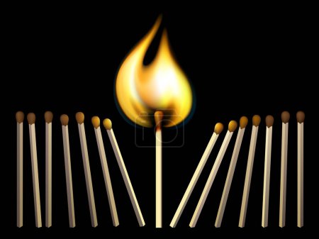Vector matchsticks and fire on black background. Concept illustration reated using gradient meshes