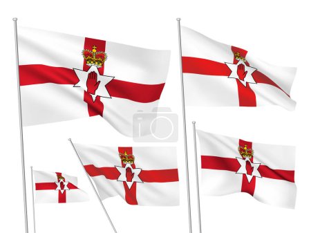 Illustration for Northern Ireland vector flags set. 3D cloth pennants fluttering on the wind. EPS 8 created using gradient meshes isolated on white background. Five flagstaff design elements from world collection - Royalty Free Image