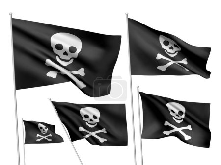 Drapeaux vectoriels pirates - version simple de Jolly Roger. Un ensemble de drapeaux 3D ondulés noirs avec des mâts isolés sur fond blanc, créés à l'aide de mailles dégradées