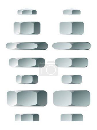Ilustración de Un conjunto de diferentes tuercas metálicas vectoriales en la proyección lateral aisladas sobre fondo blanco - Imagen libre de derechos
