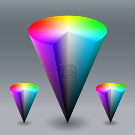 Cônes vectoriels de couleur, représentant l'espace de couleur HSV (HSB). Illustration créée à l'aide de mailles dégradées.
