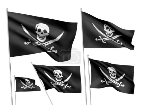 Drapeaux vectoriels pirates - Jolly Roger. Un ensemble noir de drapeaux 3D ondulés avec des mâts isolés sur fond blanc, créés à l'aide de mailles dégradées