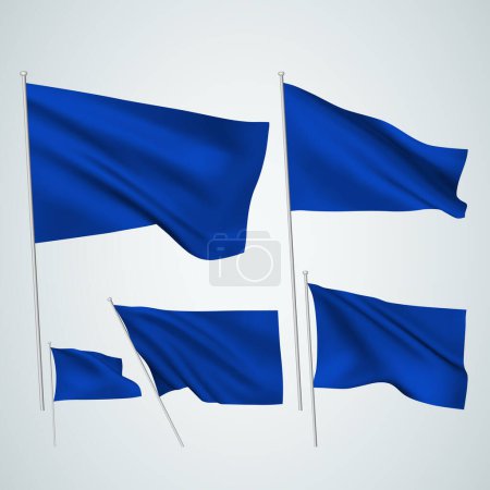 Un conjunto de 5 plantillas de bandera azul oscuro de aspecto 3D vectorial con mástiles de bandera aislados sobre fondo claro. Ilustración creada usando mallas de gradiente