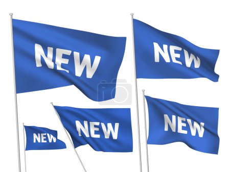Illustration for Blue vector flags with white NEW text. A set of wavy 3D flags with flagpoles isolated on white background, created using gradient meshes - Royalty Free Image