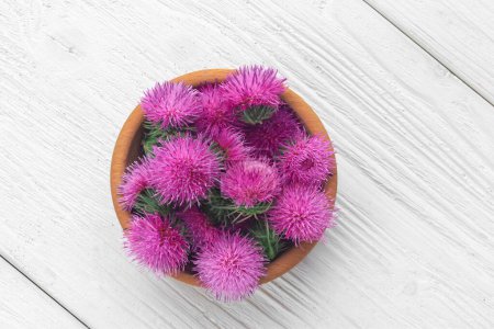 Photo for Silybum marianum (milk thistle) flowers in a wooden bowl.One of the most common uses of milk thistle is to treat liver problems.Alternative medicine concept on a white wooden table (selective focus). - Royalty Free Image
