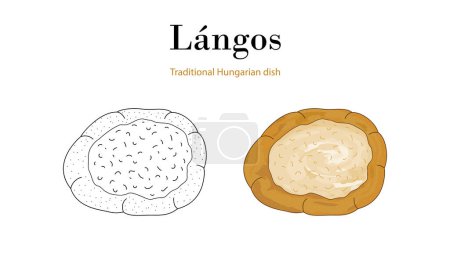 Téléchargez les illustrations : Langos est un plat traditionnel hongrois. Il est souvent servi avec de l'ail et du fromage - en licence libre de droit