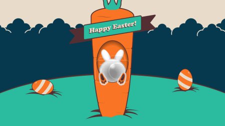 Cute Easter greeting card with bunny crawls into the hole, vector illustration