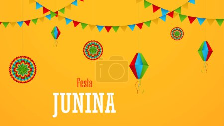 Cartel de Festa Junina con linternas de papel y guirnaldas de papel sobre fondo amarillo, ilustración vectorial
