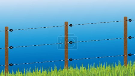 Foto de Valla eléctrica al aire libre con aislantes, postes de madera y alambres, ilustración vectorial - Imagen libre de derechos