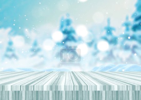 Photo for 3D render of a Christmas background with a wooden table against a defocussed winter landscape - Royalty Free Image