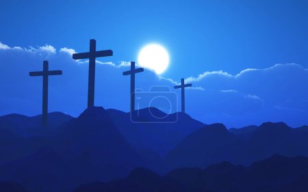 Photo for 3D render of a Good Friday background with crosses in a mountain landscape - Royalty Free Image