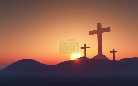 Photo for 3D render of a Good Friday landscape with crosses against a sunset sky - Royalty Free Image