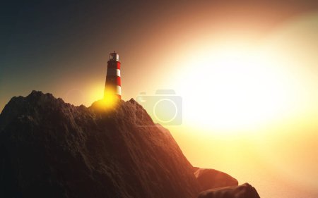 Photo for 3d render of a lighthouse on a cliff against a sunset landscape - Royalty Free Image