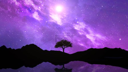 Foto de Representación 3D de un paisaje con silueta de árbol contra un cielo espacial nocturno - Imagen libre de derechos