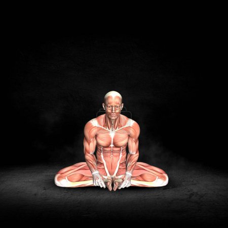 Téléchargez les photos : Rendu 3D d'une figure médicale masculine avec carte musculaire dans la posture extensible du ravisseur assis à l'intérieur du grunge - en image libre de droit