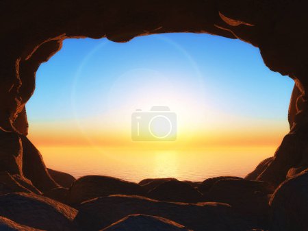 Foto de Representación en 3D de una vista desde una cueva hasta un paisaje oceánico al atardecer - Imagen libre de derechos