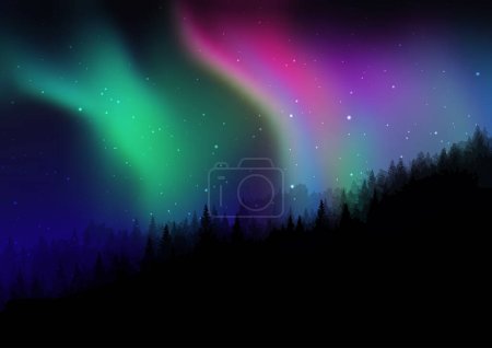 Téléchargez les illustrations : Silhouette d'un paysage de pins face à un ciel étoilé nocturne aux aurores boréales - en licence libre de droit