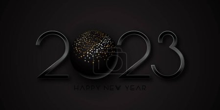 Dark Happy New Year banner design with black and gold bauble