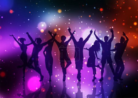 Téléchargez les illustrations : Silhouettes de personnes de fête dansant sur un fond de lumières bokeh - en licence libre de droit