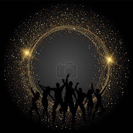 Téléchargez les illustrations : Silhouettes de personnes dansant sur un fond doré pailleté - en licence libre de droit