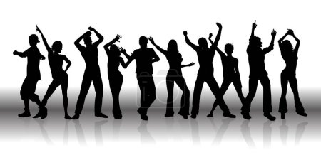 Téléchargez les illustrations : Banner with silhouettes of a group of people dancing - en licence libre de droit