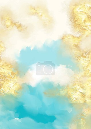 Illustration for Abstract mixed media beach themed hand painted wall art design with gold foil elements - Royalty Free Image