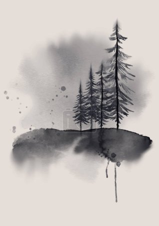 Illustration for Grunge Japanese styled hand painted watercolour tree landscape - Royalty Free Image
